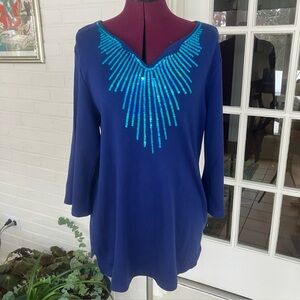 Quacker Factory Royal Blue Sequin Starburst Tunic Top | 3/4 Sleeve Large